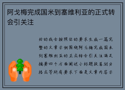 阿戈梅完成国米到塞维利亚的正式转会引关注 阿戈梅完成国米到塞维利亚的正式转会引关注