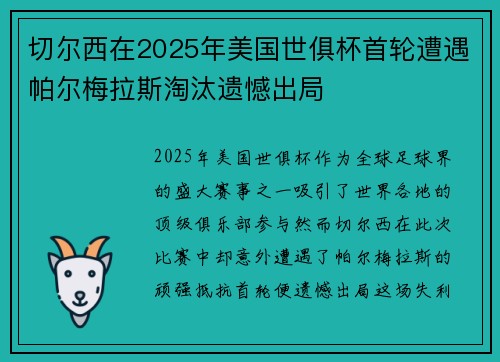 切尔西在2025年美国世俱杯首轮遭遇帕尔梅拉斯淘汰遗憾出局 切尔西在2025年美国世俱杯首轮遭遇帕尔梅拉斯淘汰遗憾出局